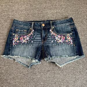 American Eagle Denim Shorts Women 6 Blue Floral Embroidered Fringe Hem 2013 NWT
